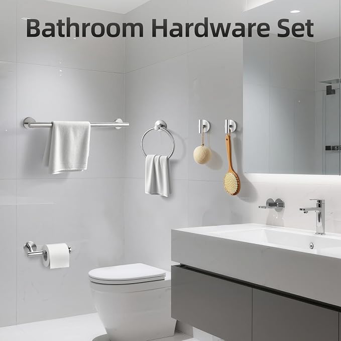 Brushed Nickel Bathroom Hardware Set 5 Pieces, Bathroom Towel Rack Holder Set Wall Mounted, SUS304 Stainless Steel Towel Bar Set - 16 Inch Towel Bar, Toilet Paper Holder, Towel Hooks, Towel Ring