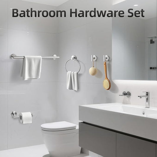 Brushed Nickel Bathroom Hardware Set 5 Pieces, Bathroom Towel Rack Holder Set Wall Mounted, SUS304 Stainless Steel Towel Bar Set - 16 Inch Towel Bar, Toilet Paper Holder, Towel Hooks, Towel Ring