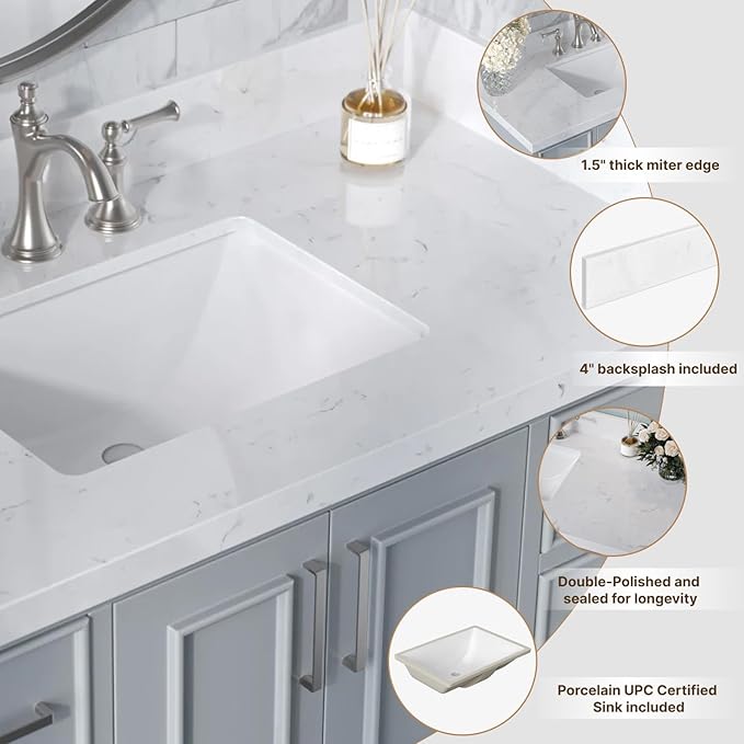 ARIEL 42 inch Bathroom Vanity top with Sink, 1.5 Inch Thick Miter Edge Carrara White Quartz top, Rectangle Single Porcelain Sink, Includes Backsplash