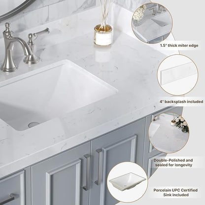 ARIEL 42 inch Bathroom Vanity top with Sink, 1.5 Inch Thick Miter Edge Carrara White Quartz top, Rectangle Single Porcelain Sink, Includes Backsplash