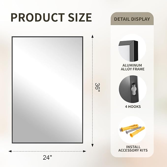 FICTOR Bathroom Vanity Mirror for Over Sink, 24" x 36", Black | Anti-Rust Frame, Shatterproof Tempered Glass, Vertical/Horizontal Wall Mounted Mirror for Bedroom, Entryway, Living Room