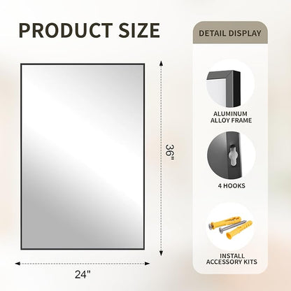 FICTOR Bathroom Vanity Mirror for Over Sink, 24" x 36", Black | Anti-Rust Frame, Shatterproof Tempered Glass, Vertical/Horizontal Wall Mounted Mirror for Bedroom, Entryway, Living Room