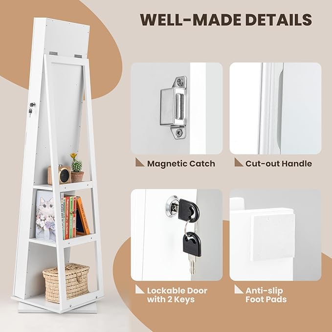 CHARMAID 3-in-1 Jewelry Armoire with Full Length Mirror, 360° Swivel Lockable Jewelry Cabinet with Shelves, Freestanding Mirror Organizer for Earrings, Necklaces, Rings, Makeup (White)