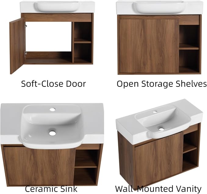 28" Bathroom Vanity with Ceramic Sink, Farmhouse Cabinet, Brown | Small Wall - Mounted Vanity, Soft Close Door, Bottom Storage Space, Two Open Storage Shelves, 45° Inclined Edge Handle