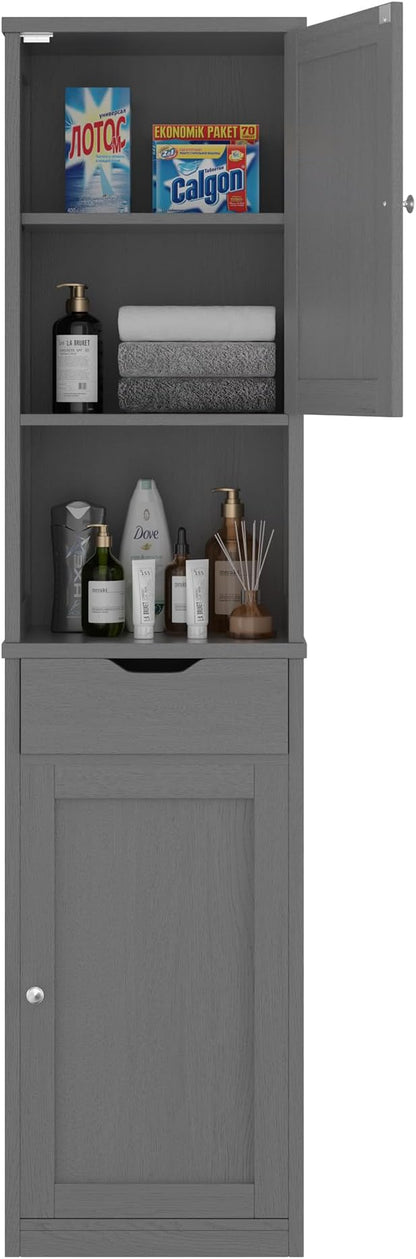 Walsunny Tall Bathroom Storage Cabinet with 6 Adjustable Shelves, Gray | Anti-Tip Safety, Waterproof MDF, 2 Doors + 1 Drawer, Easy Assembly, for Bathroom/Living Room/Kitchen