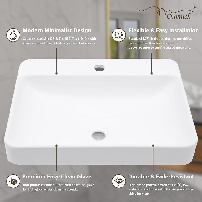 Rectangular Bathroom Vessel Sink, 24"W x 19"D Semi Recessed Bathroom Sink White Ceramic Porcelain Vanity Sink Basin Above Counter for Bathroom, Restroom & Home Use