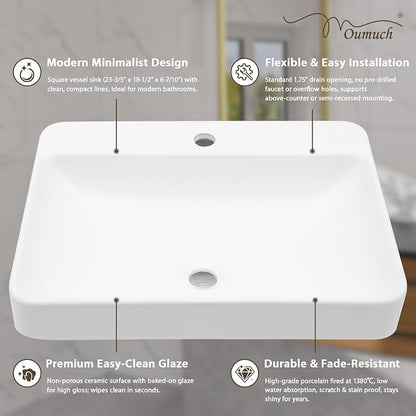 Rectangular Bathroom Vessel Sink, 24"W x 19"D Semi Recessed Bathroom Sink White Ceramic Porcelain Vanity Sink Basin Above Counter for Bathroom, Restroom & Home Use