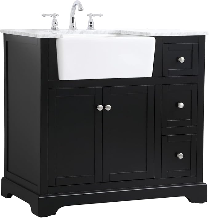 36" Pre-Assembled Bathroom Vanity with Sink, Solid Birch and MDF, Carrara White Marble Countertop Attached, Single Rectangle Porcelain Sink, 3 Soft-Close Drawers, Black
