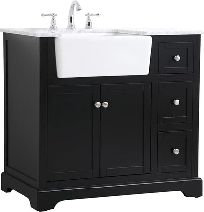 36" Pre-Assembled Bathroom Vanity with Sink, Solid Birch and MDF, Carrara White Marble Countertop Attached, Single Rectangle Porcelain Sink, 3 Soft-Close Drawers, Black