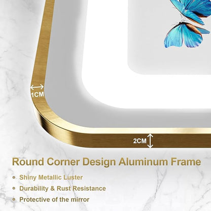 24x32 Inch LED Bathroom Mirror with Round Corner Gold Framed, Lighted Vanity Mirrors with Lights, Front Light and Backlit, Stepless Dimmable, Anti-Fog, Memory, 3 Colors Wall-Mounted Mirrors