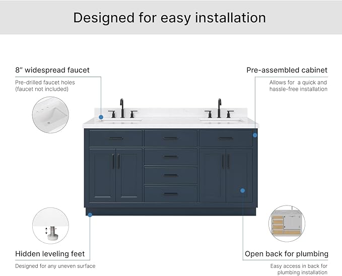 ARIEL Hepburn 66-inch Bathroom Vanity with Sink,Solid Wood, 1.5-inch Carrara White Quartz Countertop, Double Rectangular Porcelain Sink, 4 Soft Closing Doors, 6 Dovetail Drawers, Midnight Blue