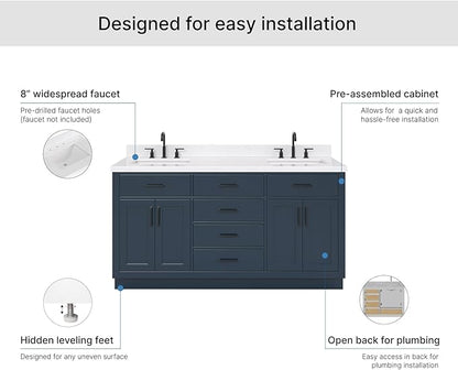ARIEL Hepburn 66-inch Bathroom Vanity with Sink,Solid Wood, 1.5-inch Carrara White Quartz Countertop, Double Rectangular Porcelain Sink, 4 Soft Closing Doors, 6 Dovetail Drawers, Midnight Blue