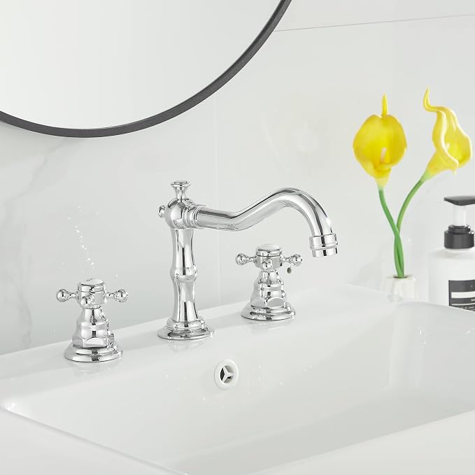 2 Handles 3 Holes Faucet Widespread Bathroom Sink Faucet Chrome Basin Mixer Tap Matching Pop Up Drain with Overflow