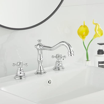 2 Handles 3 Holes Faucet Widespread Bathroom Sink Faucet Chrome Basin Mixer Tap Matching Pop Up Drain with Overflow