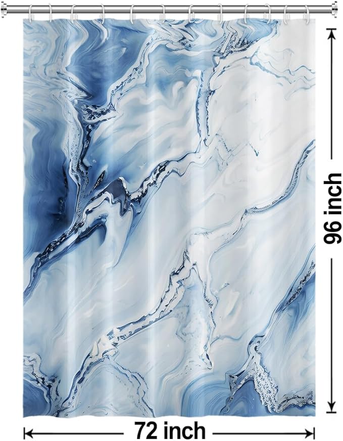 Blue Shower Curtain, Ombre Blue Marble Shower Curtain for Bathroom Modern Aesthetic Waterproof Shower Curtain Set with Hooks, 72x96 Inch