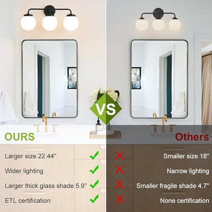 Black Bathroom Light Fixtures Over Mirror, 3-Light Modern Vanity Lighting with Milk White Glass Globe Shade Wall Sconce