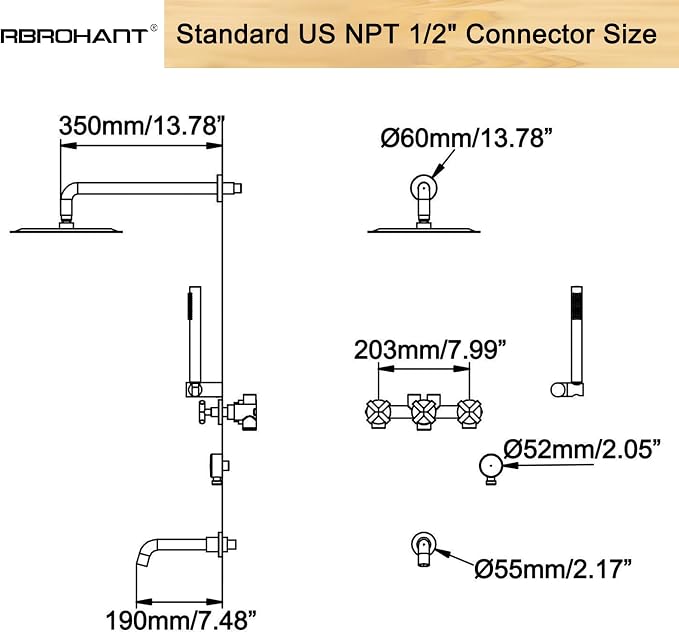 RBROHANT Brushed Gold Shower System with Tub Spout, Brass Bathtub Shower Faucet Set with 3 Way Rough-in Valve,10 Inch Round Shower Head Set with Tub Spout and Handheld, JK0299