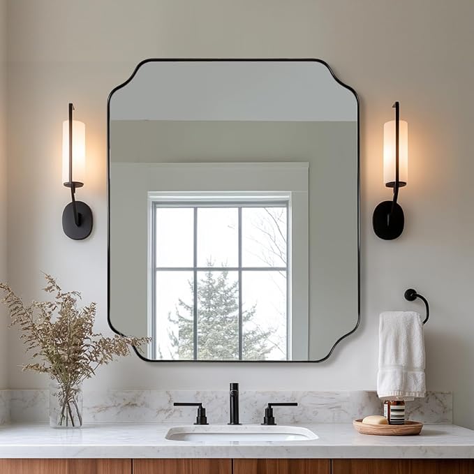 30x36 Inch Bathroom Mirror, Matte Black Vanity Mirror, Modern Scalloped Mirror in Premium Stainless Steel Metal Thin Frame, Unique Rounded Notched Corners, Hangs Vertically or Horizontally