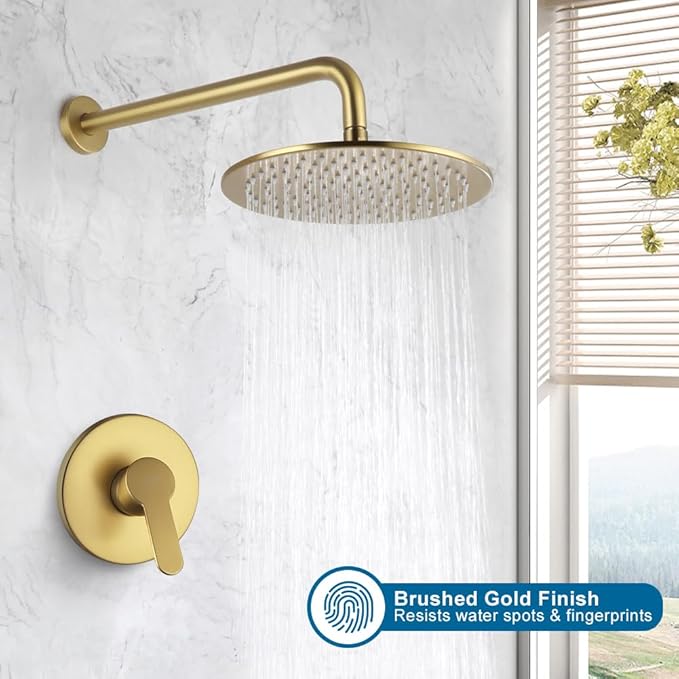 POP SANITARYWARE Shower Faucet Set Brushed Gold 10 Inch Round Rain Shower Head and Handle Set Bathroom Rainfall Shower System Wall Mounted Shower Fixture Single Function Shower Valve Trim Kit