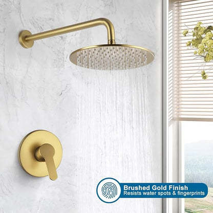 POP SANITARYWARE Shower Faucet Set Brushed Gold 10 Inch Round Rain Shower Head and Handle Set Bathroom Rainfall Shower System Wall Mounted Shower Fixture Single Function Shower Valve Trim Kit