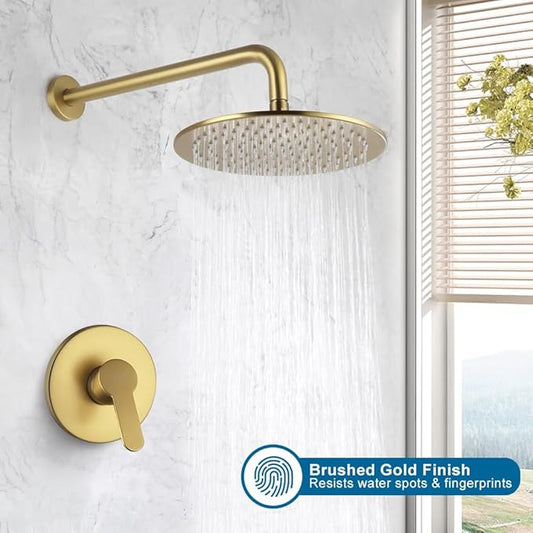 POP SANITARYWARE Shower Faucet Set Brushed Gold 10 Inch Round Rain Shower Head and Handle Set Bathroom Rainfall Shower System Wall Mounted Shower Fixture Single Function Shower Valve Trim Kit