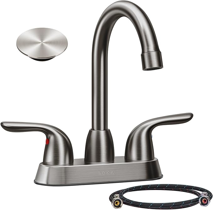 Bathroom Sink Faucet for 3 Hole, 4 Inch Stainless Steel Faucet for Bathroom, Bathroom Faucets with Deck Plate & Pop-Up Pop-Up Drain Assembly 2-Handle Faucet for Bathroom Sink Vanity RV Restroom