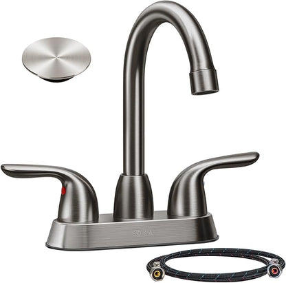 Bathroom Sink Faucet for 3 Hole, 4 Inch Stainless Steel Faucet for Bathroom, Bathroom Faucets with Deck Plate & Pop-Up Pop-Up Drain Assembly 2-Handle Faucet for Bathroom Sink Vanity RV Restroom