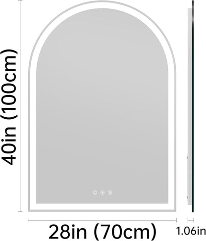 Arched Bathroom Mirror with Lights 28"x40"- Frameless LED Mirror for Bathroom, Fogless, Dimmable, 3 Color Changing, Shatterproof, Touch Sensor