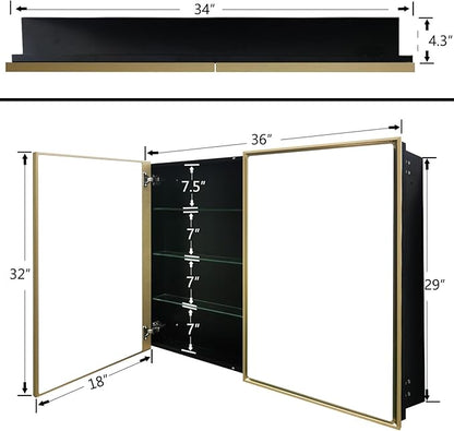 Medicine Cabinet with Aluminum Framed Mirror,36"x32" Surface Mount or Recessed Mount Bathroom Vanity Mirror,Single Door Bathroom Mirror with Storage Cabinet
