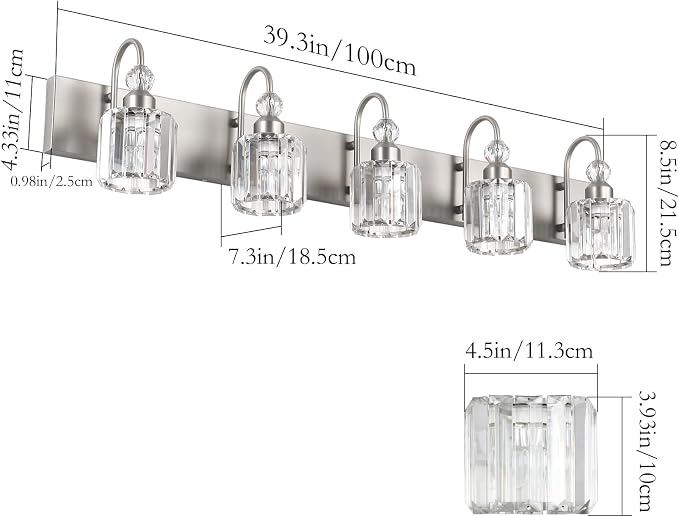Ralbay Crystal Bathroom Vanity Light Brushed Nickel Modern 5 Light Bathroom Wall Lighting Fixtures Over Mirror