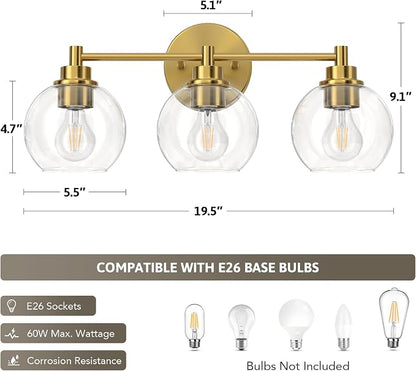 VONLUCE 3 Light Bathroom Vanity Light Fixtures, Gold Finish | Globe Glass Shades, E26 Sockets, Easy to install, Vanity Lights for Bedroom Hallway Living Room