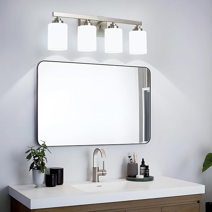 Bathroom Light Fixtures, Vanity Light Over Mirror Nickel 4-Light Fixture | Modern bathroom vanity light fixture with metal frame, ideal for mirrors, bedrooms and hallways. Fits E26 bulbs.