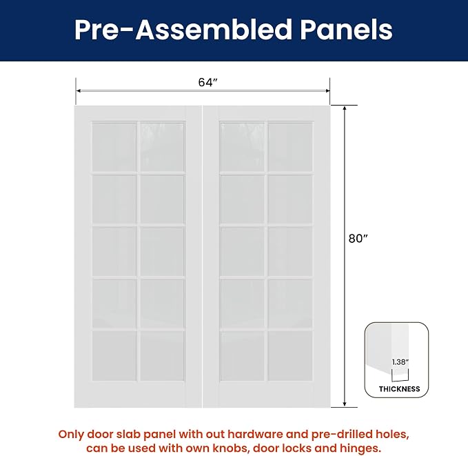 SMARTSTANDARD 64" x 80" Clear Glass French Interior Solid Core Door Slab | 10-Lite Glass Pantry Door for Bathroom Laundry Pocket, Pre-Assembled Panel without Hardware, White Primed