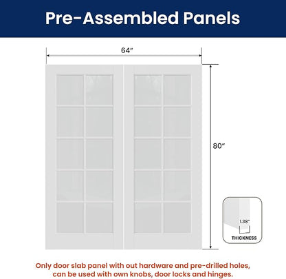 SMARTSTANDARD 64" x 80" Clear Glass French Interior Solid Core Door Slab | 10-Lite Glass Pantry Door for Bathroom Laundry Pocket, Pre-Assembled Panel without Hardware, White Primed