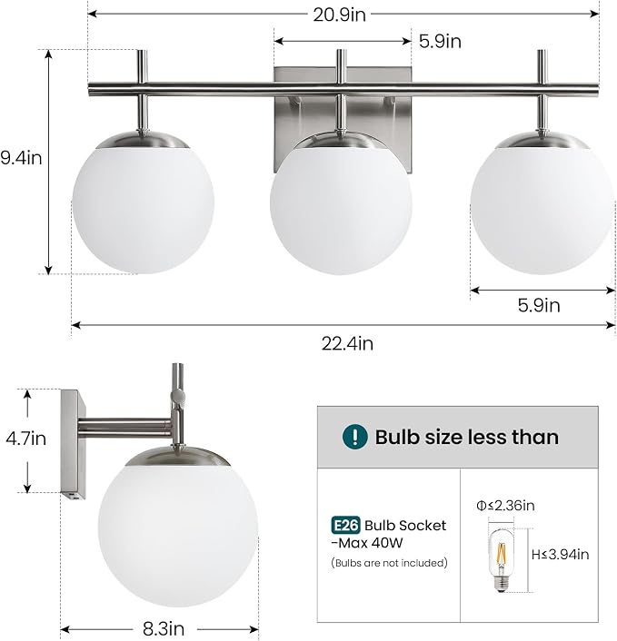 Bathroom Light Fixtures over Mirror, 3-Light Brushed Nickel Vanity Lights for Bathroom, Mid-Century Modern Vanity Light with Milky White Globe Glass Shades, 22.4 Inch Sconces Wall Lighting for Bath