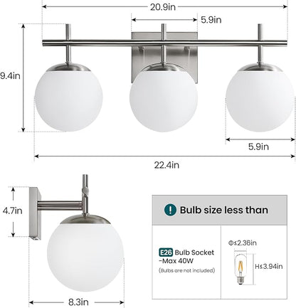 Bathroom Light Fixtures over Mirror, 3-Light Brushed Nickel Vanity Lights for Bathroom, Mid-Century Modern Vanity Light with Milky White Globe Glass Shades, 22.4 Inch Sconces Wall Lighting for Bath