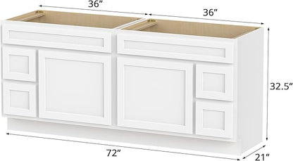 Vanity Art 72 Inch Bathroom Vanity with 2-Door 4-Drawer, Wood Bathroom Vanity Cabinet with Soft Closing Drawer, Floor Mounted White Cabinet Without Top VA4072-LRW