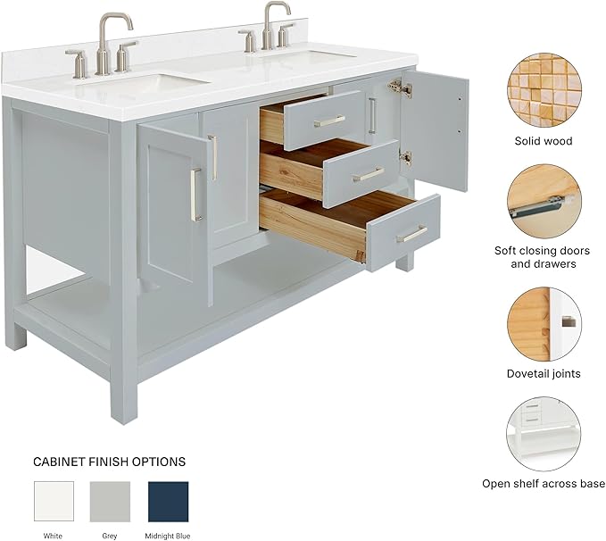 ARIEL Magnolia 60-inch Bathroom Vanity with Sink,Solid Wood, 1.5-inch Carrara White Quartz Countertop & Backsplash, Double Rectangular Porcelain Sink, 4 Soft Closing Doors, 3 Dovetail Drawers, Grey