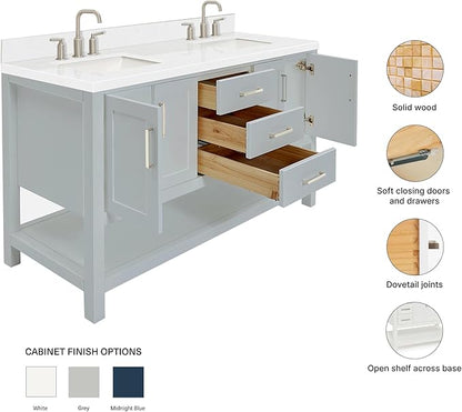 ARIEL Magnolia 60-inch Bathroom Vanity with Sink,Solid Wood, 1.5-inch Carrara White Quartz Countertop & Backsplash, Double Rectangular Porcelain Sink, 4 Soft Closing Doors, 3 Dovetail Drawers, Grey