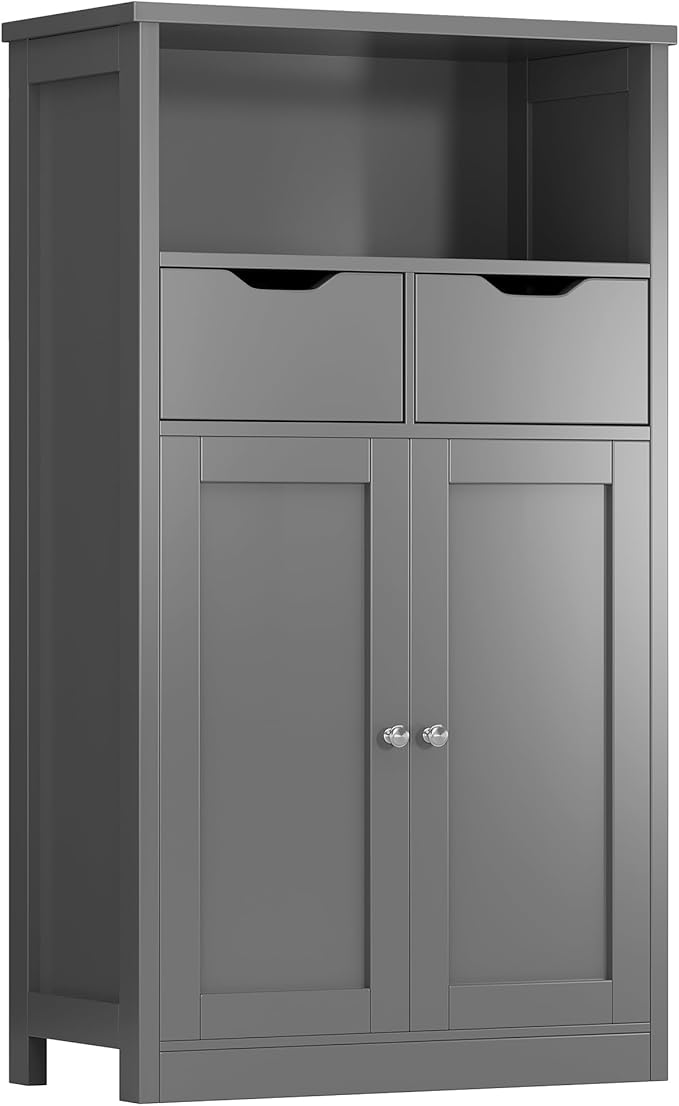 Shintenchi Floor Storage Cabinet, Bathroom Storage Organizer with Doors and Drawers, Freestanding Side Cupboard Pantry with Adjustable Shelf for Bathroom/Kitchen/Livingroom, Gray
