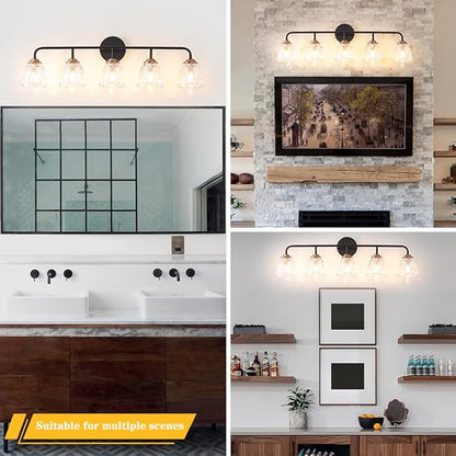 Vintage Vanity Lighting for Bathroom, Black and Gold Bathroom Vanity Light Fixtures with Clear Glass Shade, Elegant 5-Light Lighting Fixtures Over Mirror, Wall Sconce Lighting for Bedroom