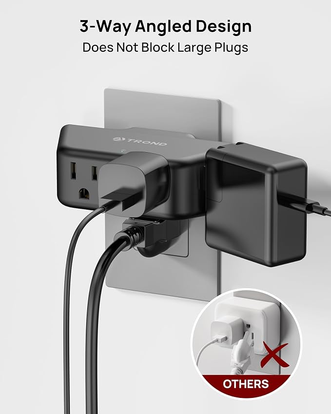 TROND Black 360 Rotating Plug Outlet Extender Surge Protector, 2 Pack | Wall Plug Splitter with 4 Grounded Socket, 3 Way Angled Design, Space-Saving, 900J, for Bathroom Kitchen Office Bedroom