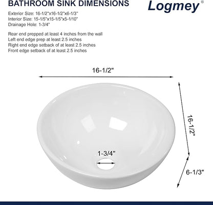 Logmey 16" Round Bathroom Sink 16x16 Small White Vessel Sink Modern Above Counter Porcelain Ceramic Vessel Vanity Sink Bowl for Bathroom