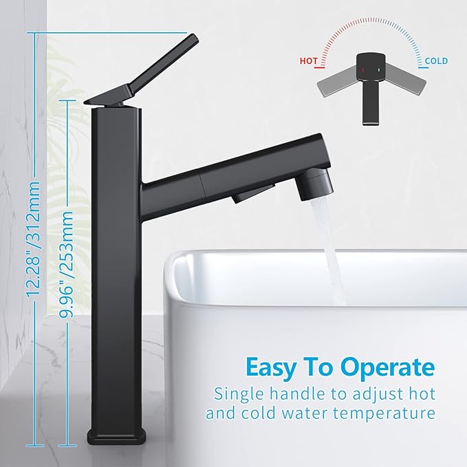 MIAOHUI Vessel Sink Faucet with Pull Out Sprayer, Tall Bathroom Sink Faucet with 3 Spray Mode, High Bathroom Faucets for Sink 1 Hole, Single Handle Modern Vanity Faucet with Fountain Mode, Matte Black