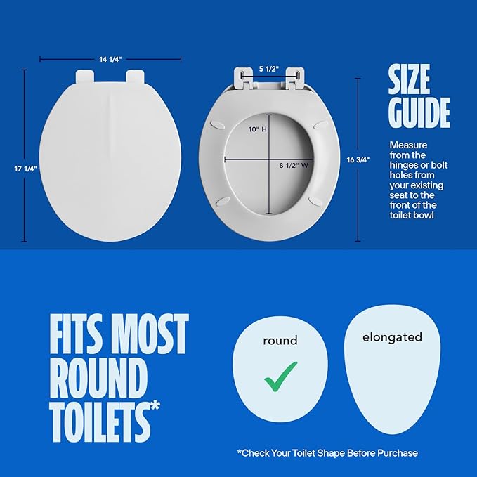 HIGHCRAFT Premium Round Toilet Seat with Adjustable Hinges - Molded Plastic Toilet Seat - Fits Standard Round Toilets - Round Seat in White