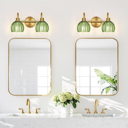 2-Light Bathroom Vanity Light, Brushed Gold Vanity Wall Light Over Mirror with Ribbed Green Tulip Glass Shade, Bathroom Light Fixtures for Bedroom, Living Room, Hallway