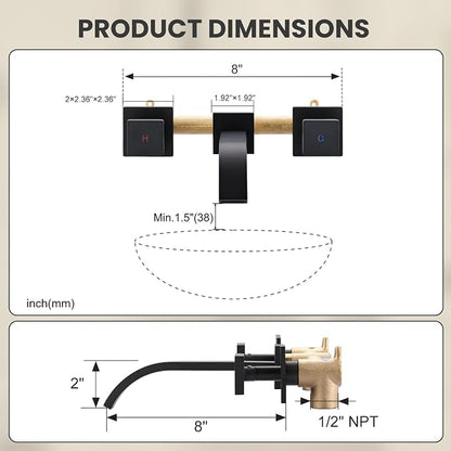 Wall-Mounted Bathroom Sink Faucet, Matte Black Bathroom Faucet | Waterfall Bathroom Faucet with Two Handles, Brass Bathroom Sink Faucet, Wall-Mounted Washroom Faucets and Rough-in Valve