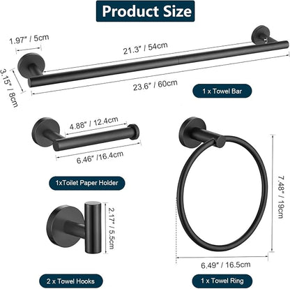 5-Piece Bathroom Hardware Set, Black SUS304 Stainless Steel Bathroom Accessories Kit, Includes 24" Towel Bar, Toilet Paper Holder, Towel Ring & 2 Robe Hooks, Wall Mounted, Rustproof Modern Design