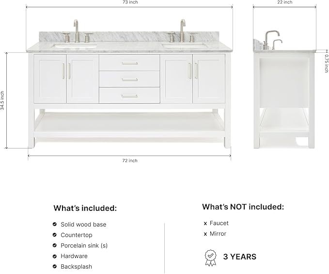ARIEL Magnolia 72-inch Bathroom Vanity with Sink,Solid Wood, 0.75-inch Italian Carrara Marble Countertop, Double Rectangular Porcelain Sink, 4 Soft Closing Doors, 3 Dovetail Drawers, White