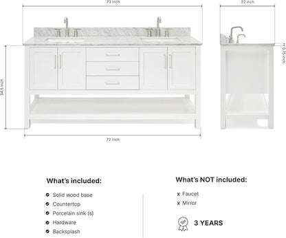 ARIEL Magnolia 72-inch Bathroom Vanity with Sink,Solid Wood, 0.75-inch Italian Carrara Marble Countertop, Double Rectangular Porcelain Sink, 4 Soft Closing Doors, 3 Dovetail Drawers, White